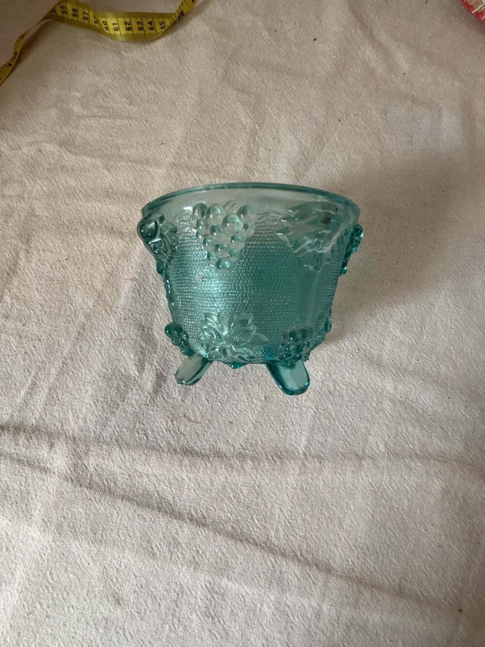 Jeannette Glass Vintage Aqua Blue Footed Grape Bowl Candy Dish